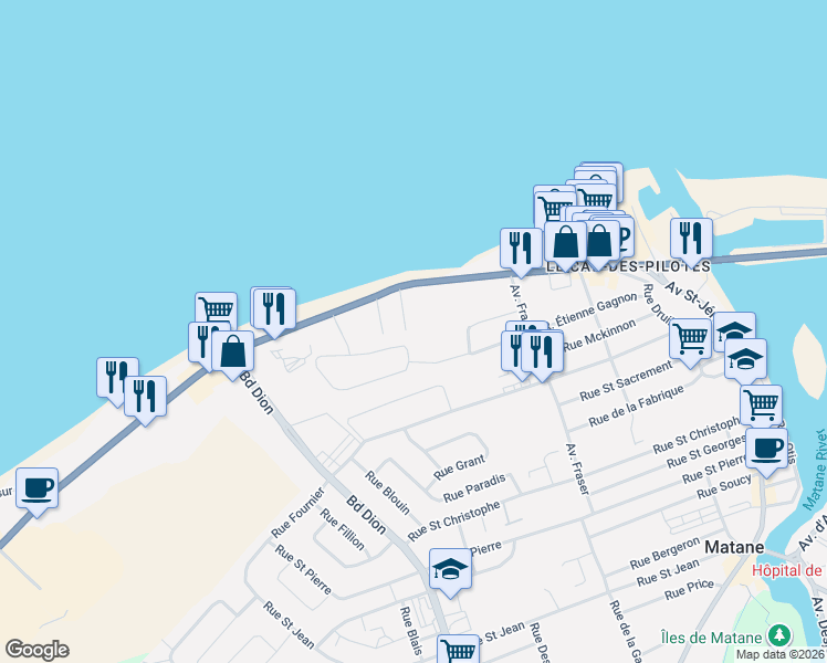 map of restaurants, bars, coffee shops, grocery stores, and more near 130 Rue Richelieu in Matane