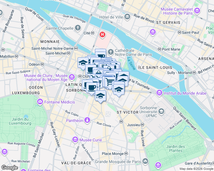 map of restaurants, bars, coffee shops, grocery stores, and more near 8 Rue Frédéric Sauton in Paris