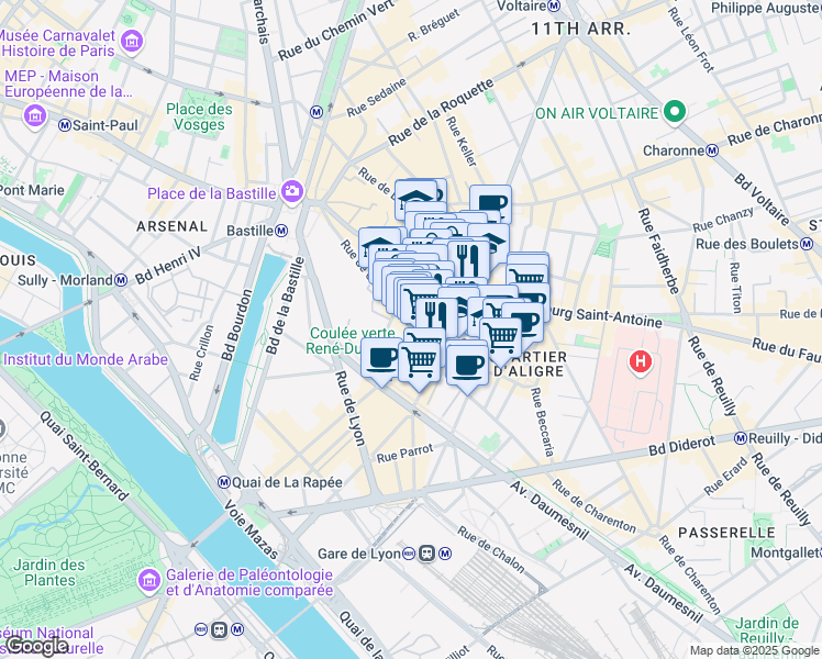 map of restaurants, bars, coffee shops, grocery stores, and more near 50 Rue de Charenton in Paris