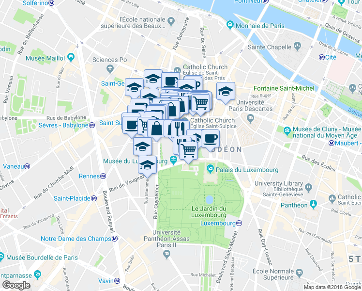 map of restaurants, bars, coffee shops, grocery stores, and more near 10 Rue Servandoni in Paris