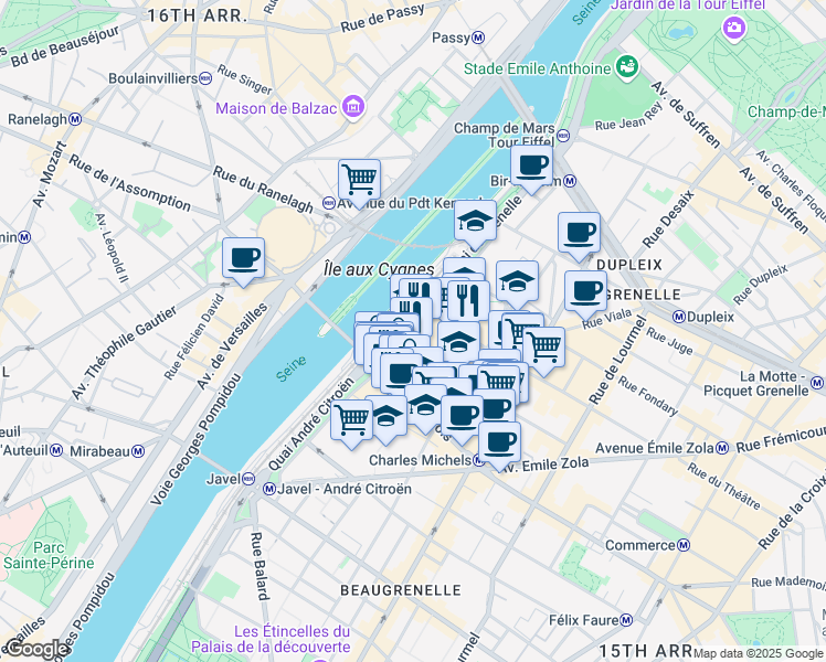 map of restaurants, bars, coffee shops, grocery stores, and more near 61 Quai de Grenelle in Paris