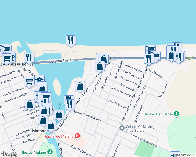 map of restaurants, bars, coffee shops, grocery stores, and more near 174 Rue Thibault in Matane