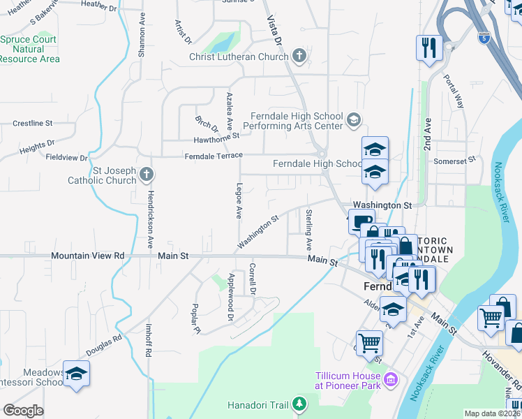 map of restaurants, bars, coffee shops, grocery stores, and more near 5743 Fallbrook Lane in Ferndale