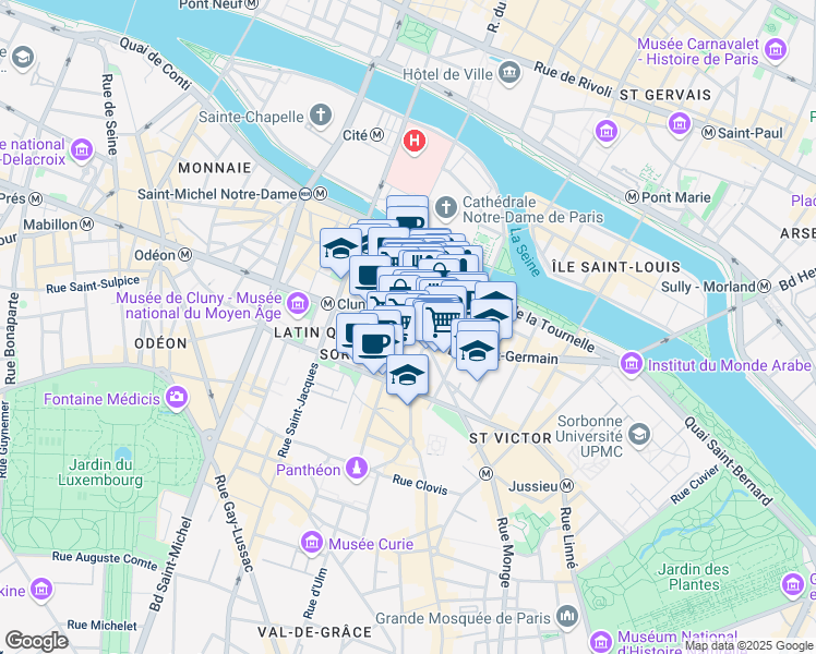 map of restaurants, bars, coffee shops, grocery stores, and more near 18 Place Maubert in Paris