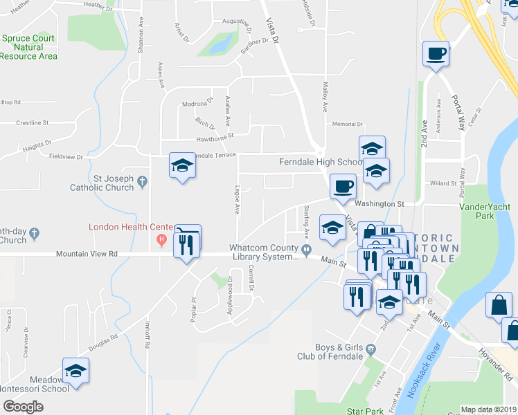 map of restaurants, bars, coffee shops, grocery stores, and more near 2160 Washington Street in Ferndale