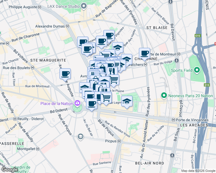 map of restaurants, bars, coffee shops, grocery stores, and more near in Paris