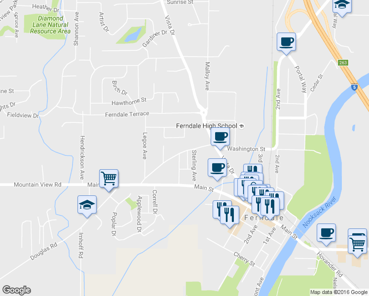 map of restaurants, bars, coffee shops, grocery stores, and more near 2138 Washington St in Ferndale