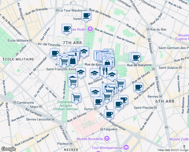 map of restaurants, bars, coffee shops, grocery stores, and more near 15 Rue Monsieur in Paris