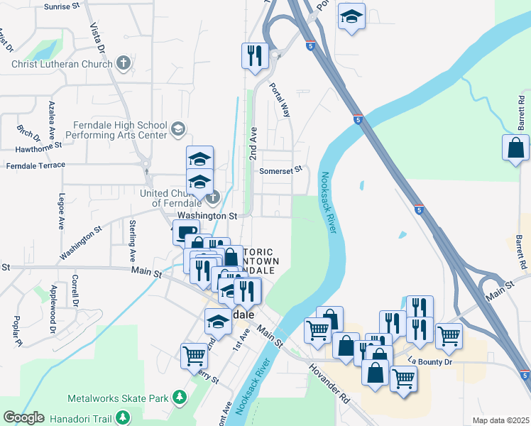 map of restaurants, bars, coffee shops, grocery stores, and more near 1976 Washington Street in Ferndale