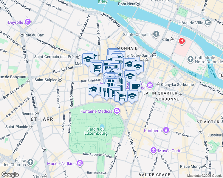 map of restaurants, bars, coffee shops, grocery stores, and more near 18 Rue de l'Odéon in Paris