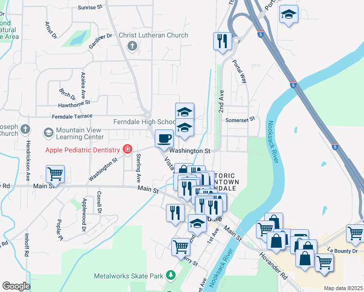 map of restaurants, bars, coffee shops, grocery stores, and more near 2050 Washington Street in Ferndale