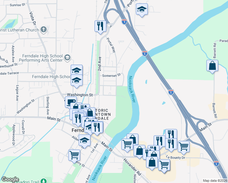 map of restaurants, bars, coffee shops, grocery stores, and more near 5767 Portal Way in Ferndale