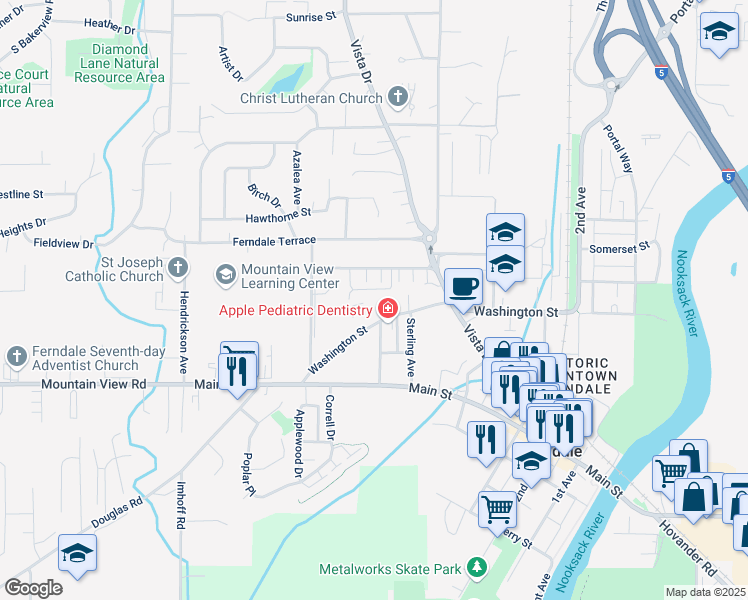 map of restaurants, bars, coffee shops, grocery stores, and more near 2138 Washington Street in Ferndale
