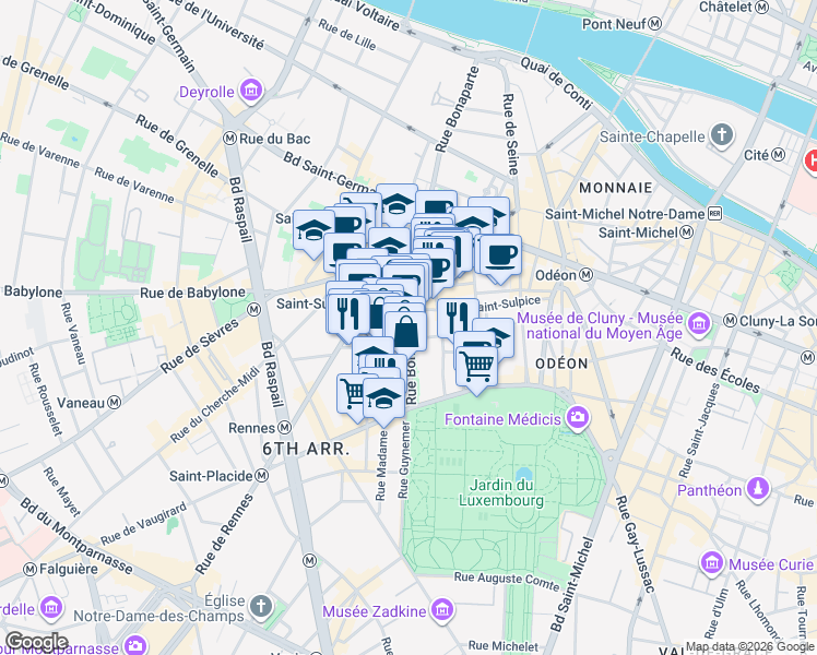 map of restaurants, bars, coffee shops, grocery stores, and more near 76 Rue Bonaparte in Paris