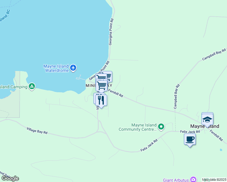 map of restaurants, bars, coffee shops, grocery stores, and more near 414 Minty Drive in Mayne Island
