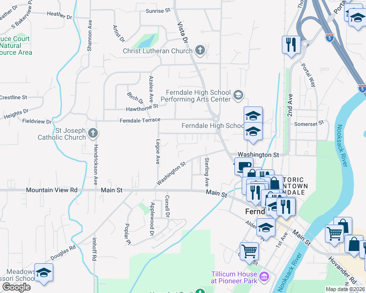 map of restaurants, bars, coffee shops, grocery stores, and more near 2160 Washington Street in Ferndale