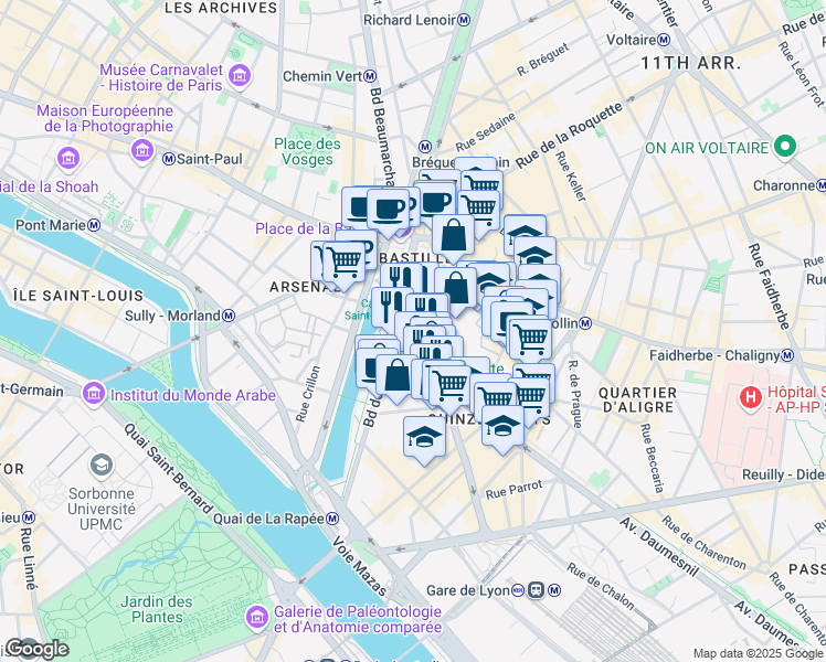 map of restaurants, bars, coffee shops, grocery stores, and more near 17 Rue Biscornet in Paris