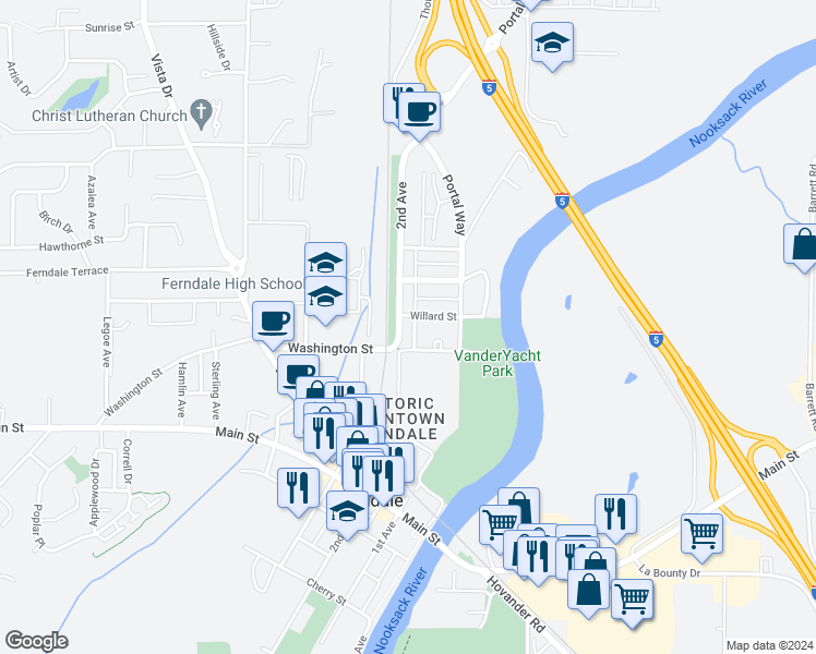 map of restaurants, bars, coffee shops, grocery stores, and more near 1976 Washington Street in Ferndale