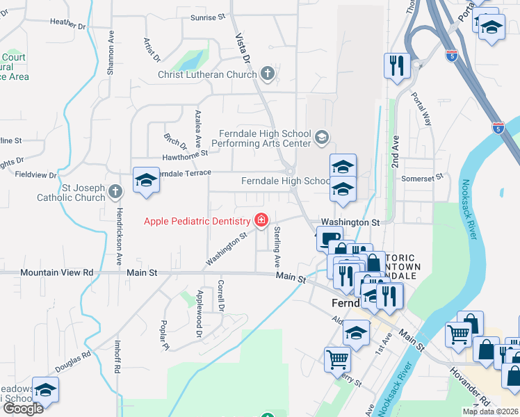 map of restaurants, bars, coffee shops, grocery stores, and more near 2138 Washington Street in Ferndale