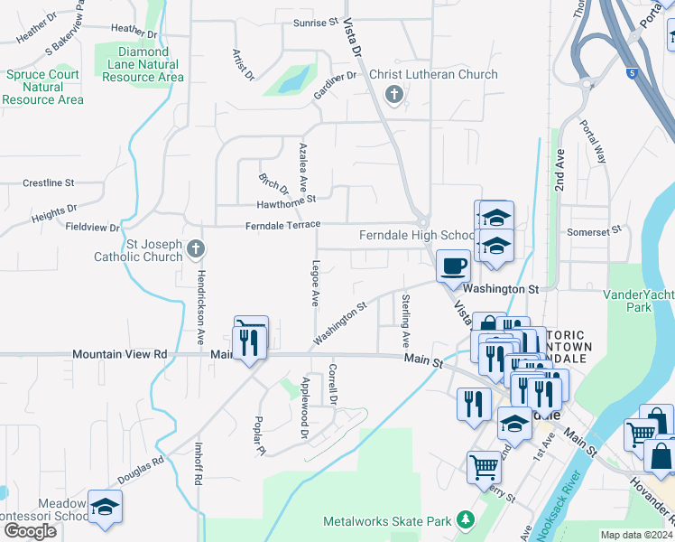 map of restaurants, bars, coffee shops, grocery stores, and more near 5752 Legoe Avenue in Ferndale