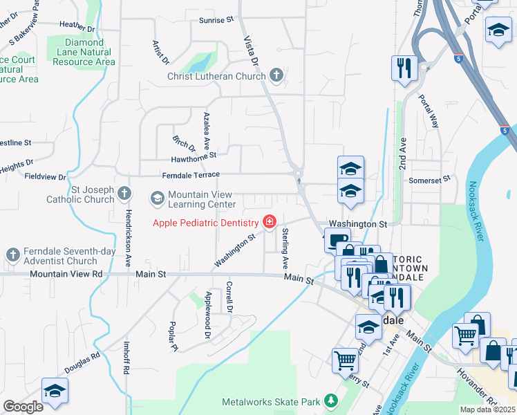 map of restaurants, bars, coffee shops, grocery stores, and more near 2138 Washington Street in Ferndale