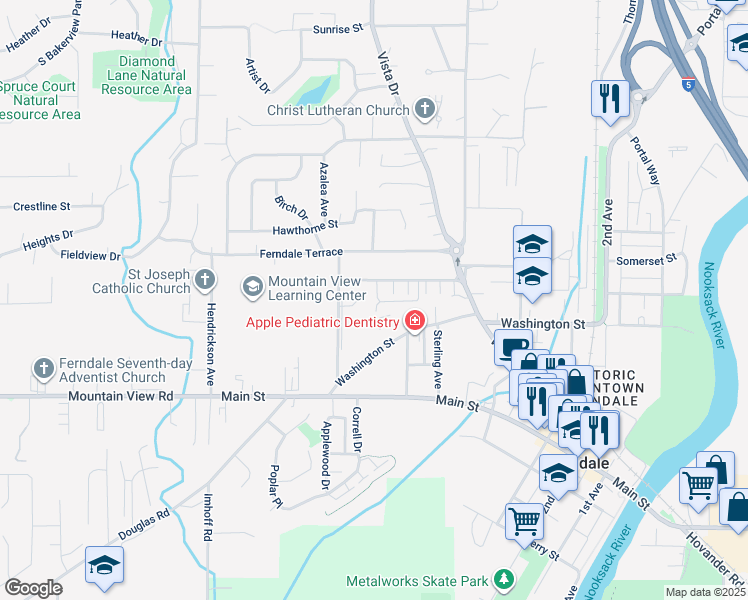 map of restaurants, bars, coffee shops, grocery stores, and more near 2160 Washington Street in Ferndale