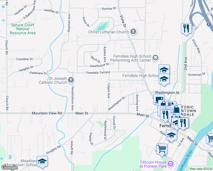map of restaurants, bars, coffee shops, grocery stores, and more near 5777 Legoe Avenue in Ferndale