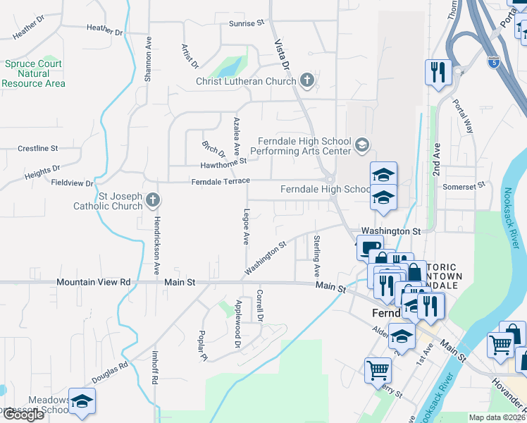 map of restaurants, bars, coffee shops, grocery stores, and more near 2175 Sunnybrook Lane in Ferndale
