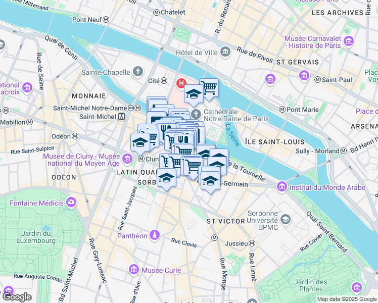 map of restaurants, bars, coffee shops, grocery stores, and more near 1 Rue de la Bûcherie in Paris