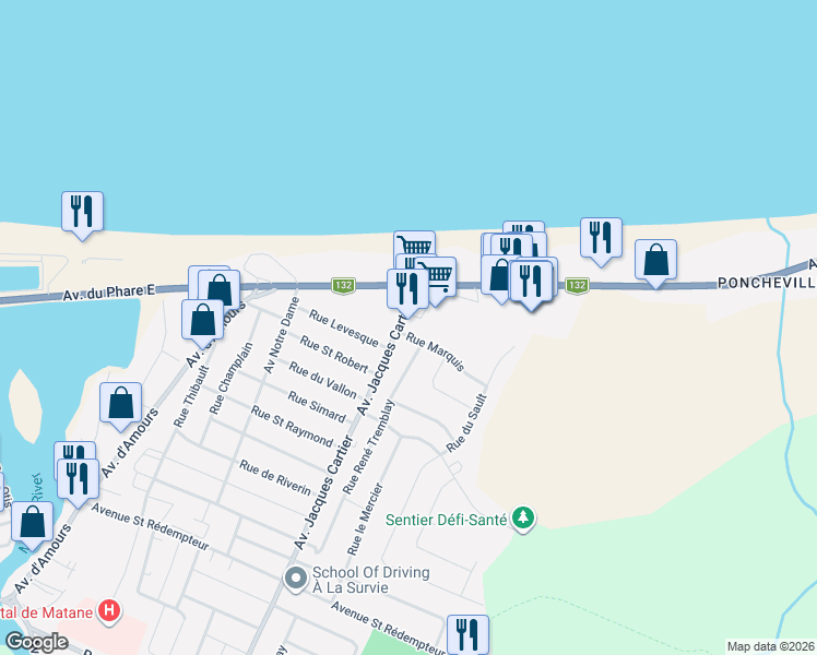 map of restaurants, bars, coffee shops, grocery stores, and more near 91 Avenue Jacques Cartier in Matane