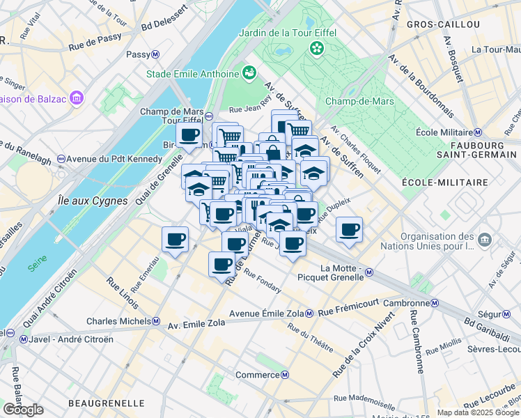 map of restaurants, bars, coffee shops, grocery stores, and more near 53 Boulevard de Grenelle in Paris