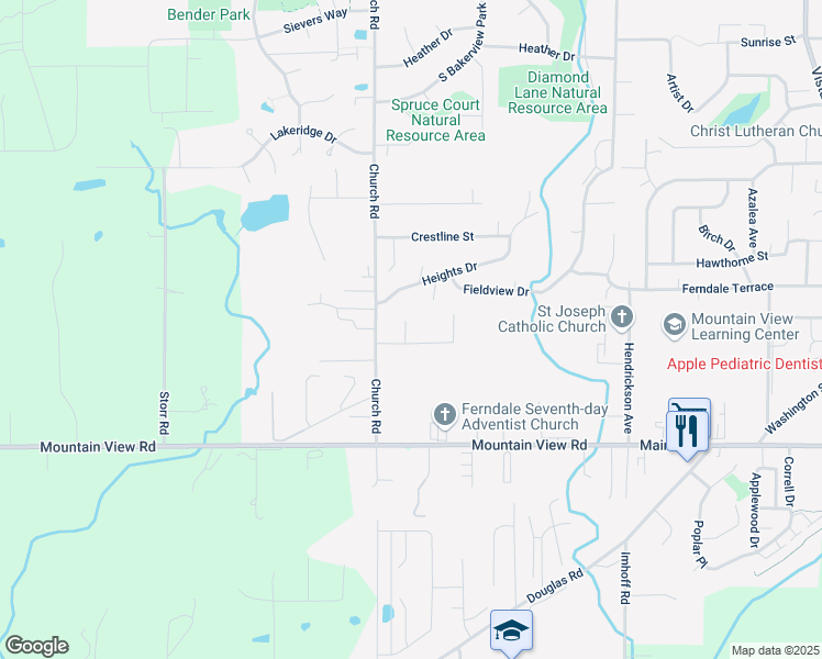 map of restaurants, bars, coffee shops, grocery stores, and more near 2499 Heights Drive in Ferndale