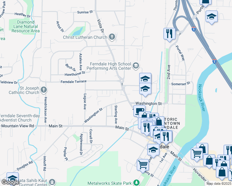 map of restaurants, bars, coffee shops, grocery stores, and more near 2137 Siddle Lane in Ferndale
