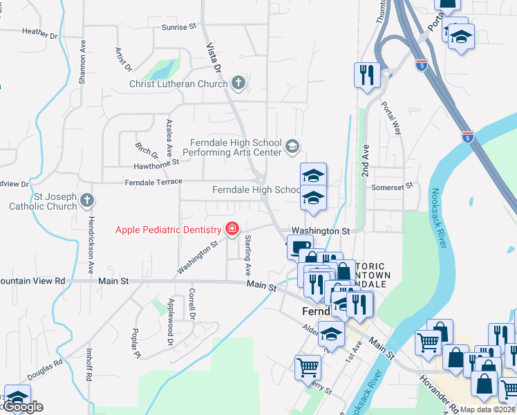 map of restaurants, bars, coffee shops, grocery stores, and more near 5803 Vista Drive in Ferndale