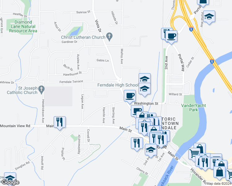 map of restaurants, bars, coffee shops, grocery stores, and more near 5803 Vista Drive in Ferndale