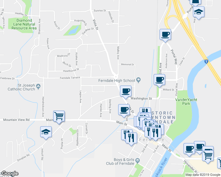 map of restaurants, bars, coffee shops, grocery stores, and more near 5803 Vista Drive in Ferndale