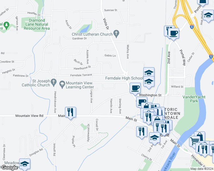 map of restaurants, bars, coffee shops, grocery stores, and more near 2174 Siddle Street in Ferndale