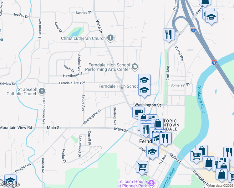 map of restaurants, bars, coffee shops, grocery stores, and more near 2131 Siddle Lane in Ferndale