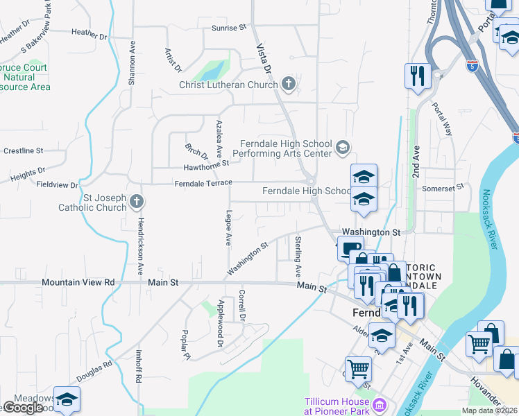 map of restaurants, bars, coffee shops, grocery stores, and more near 2174 Siddle Loop in Ferndale