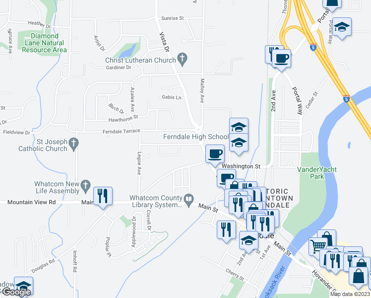 map of restaurants, bars, coffee shops, grocery stores, and more near 2143 Siddle Street in Ferndale