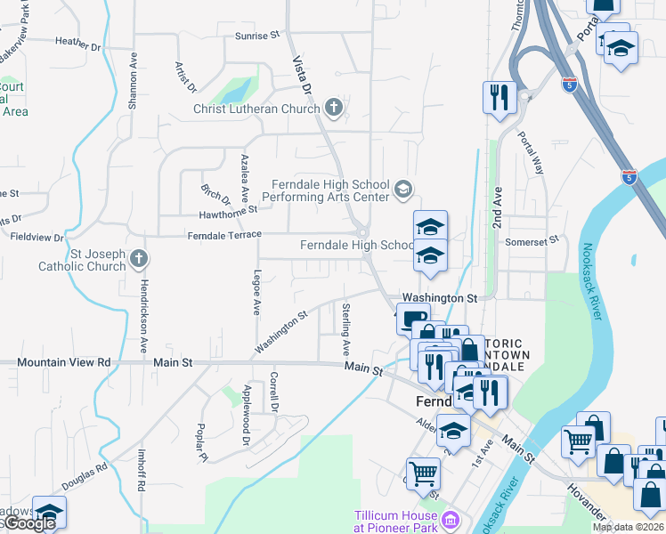 map of restaurants, bars, coffee shops, grocery stores, and more near 2153 Siddle Lane in Ferndale