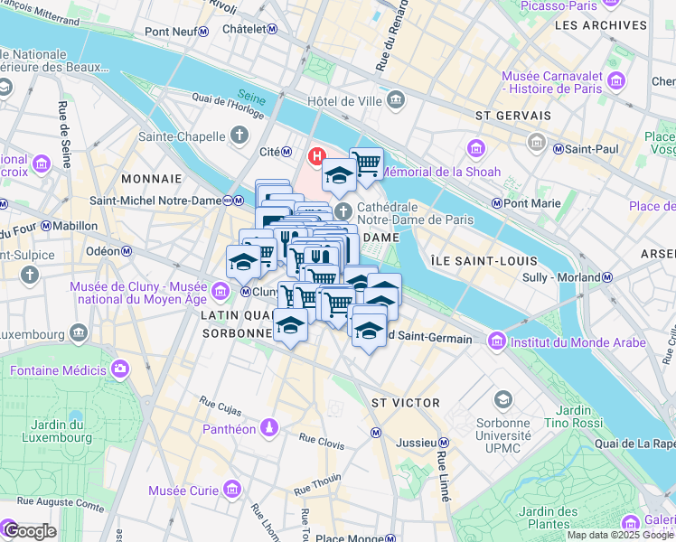 map of restaurants, bars, coffee shops, grocery stores, and more near 9 Quai de Montebello in Paris