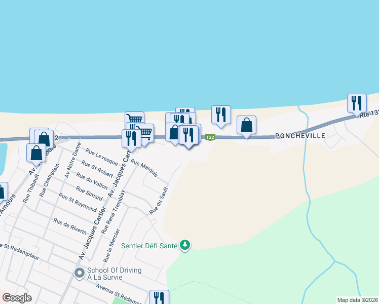 map of restaurants, bars, coffee shops, grocery stores, and more near 597 Avenue du Phare Est in Matane