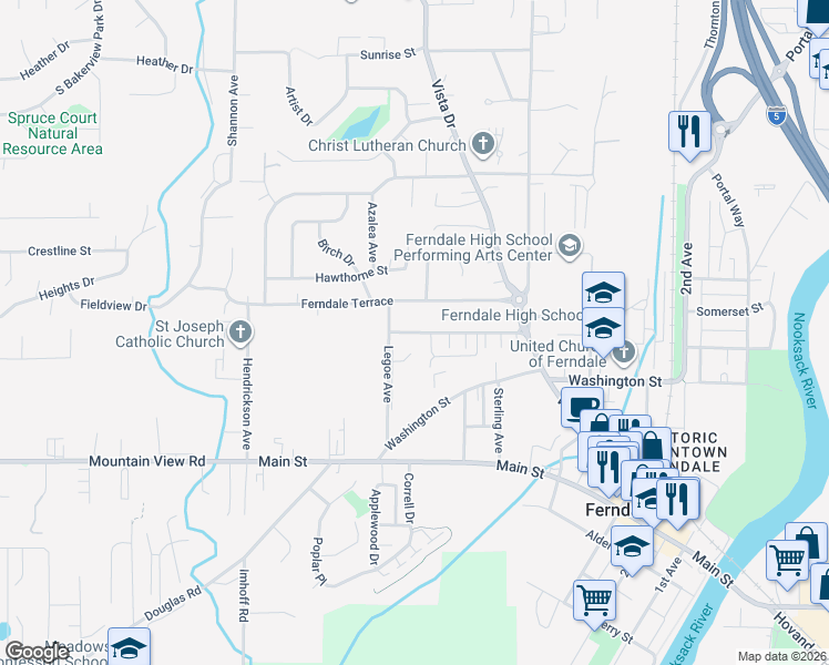 map of restaurants, bars, coffee shops, grocery stores, and more near 2175 Siddle Street in Ferndale