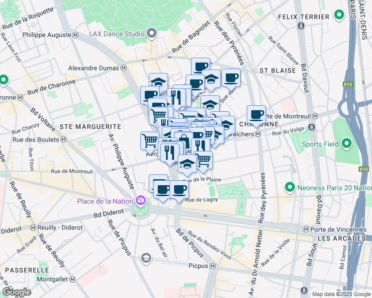 map of restaurants, bars, coffee shops, grocery stores, and more near in Paris