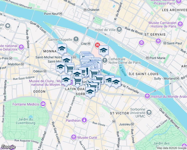 map of restaurants, bars, coffee shops, grocery stores, and more near 7 Rue Lagrange in Paris