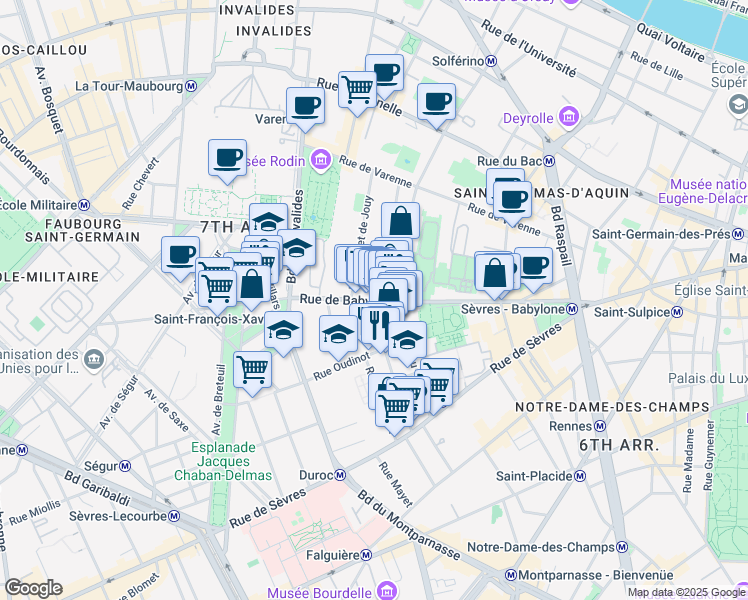 map of restaurants, bars, coffee shops, grocery stores, and more near 50 Rue de Babylone in Paris