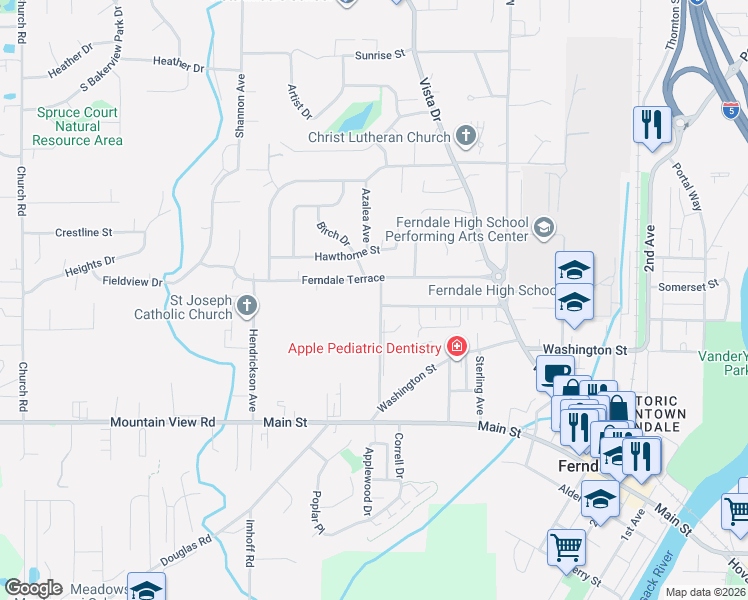 map of restaurants, bars, coffee shops, grocery stores, and more near 2185 Ferndale Terrace in Ferndale