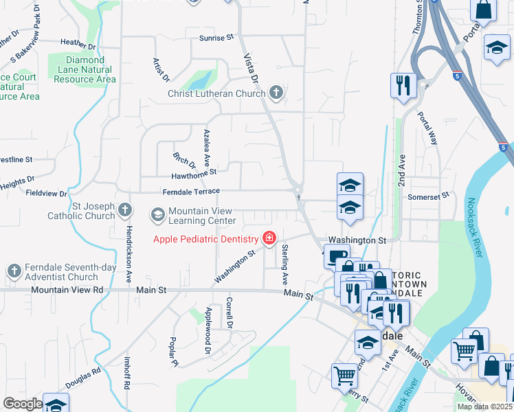 map of restaurants, bars, coffee shops, grocery stores, and more near 2174 Siddle Street in Ferndale