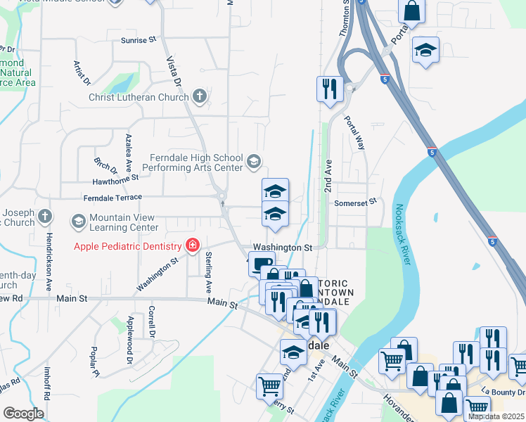 map of restaurants, bars, coffee shops, grocery stores, and more near 5797 Golden Eagle Drive in Ferndale